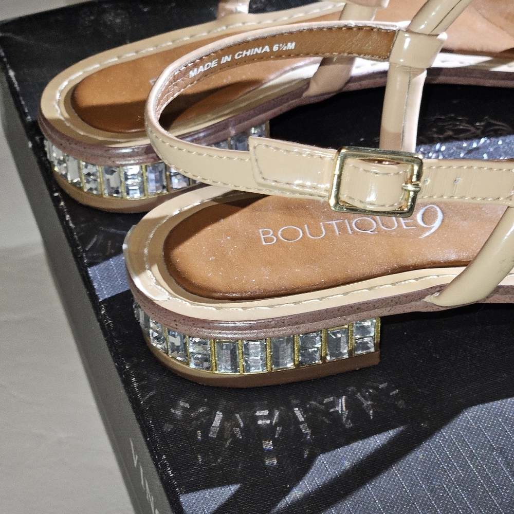 Boutique9 peach patent leather sandals with beveled glass heel